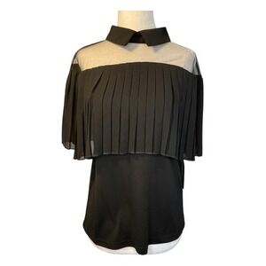 For Cynthia Chiffon Pleated Blouse Black Sheer Mesh Collard Short Sleeve Pull-Ov